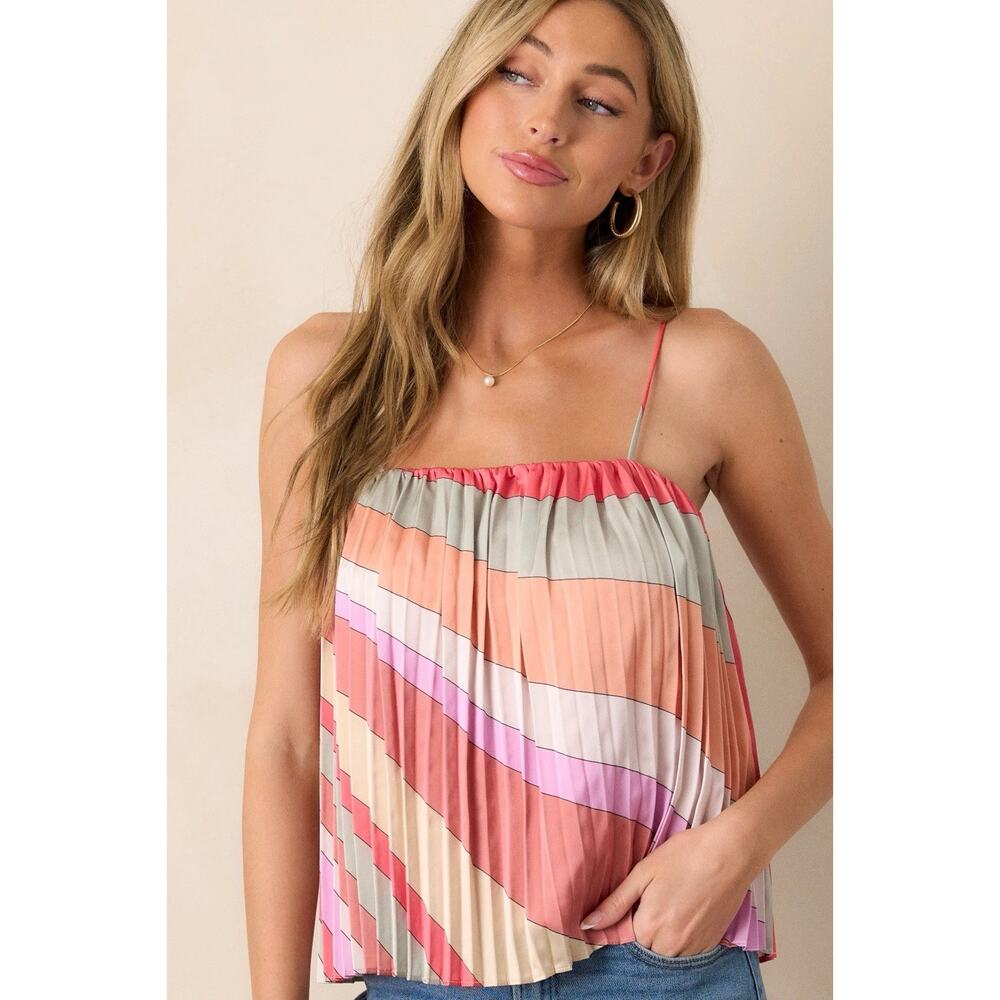 Skies Are Blue Pleated Cami Tank Top Multicolor Stripe Boho Size Small